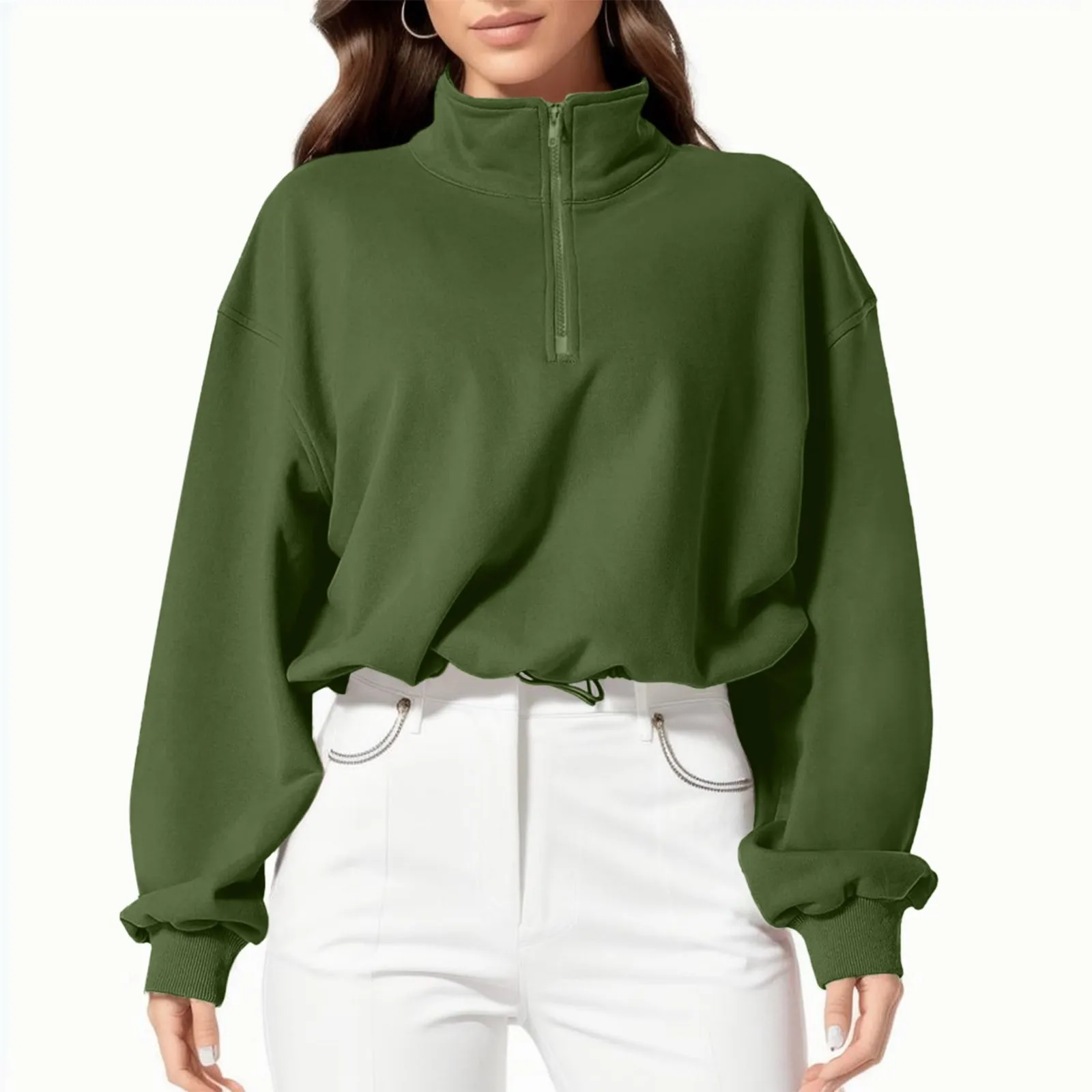 Women Half Zip Crop Sweatshirt Workout Hoodie High Neck Long Sleeve Athletic Clothes Solid Color Jacket Autumn Winter Sweater