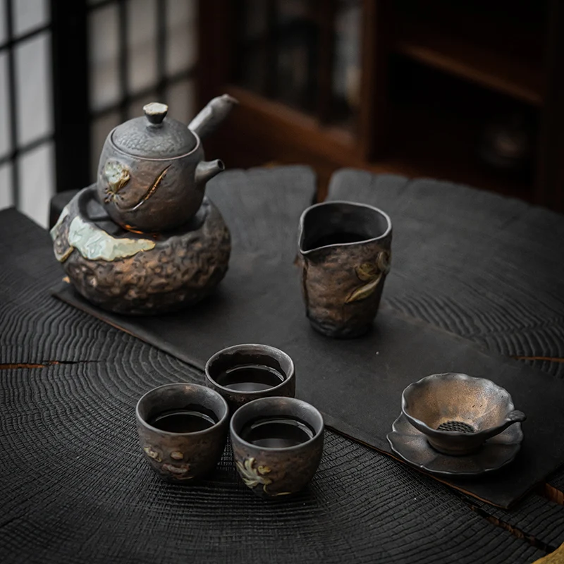 

Coarse Pottery Dry Soaking Kung Fu Tea Set Gift Box Set for Home Use Simple Japanese Vintage Drainage Tea Plate Warm Tea