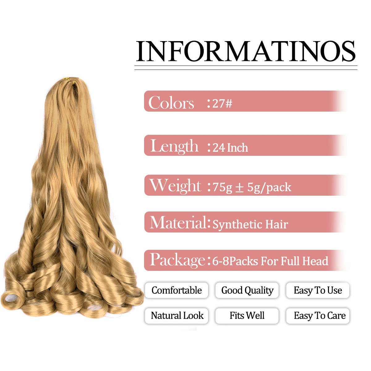 Rizos en espiral para mujer, extensiones de cabello trenzado, 24 pulgadas, trenzas francesas sintéticas, trenzas de ganchillo, cabello ondulado suelto preestirado