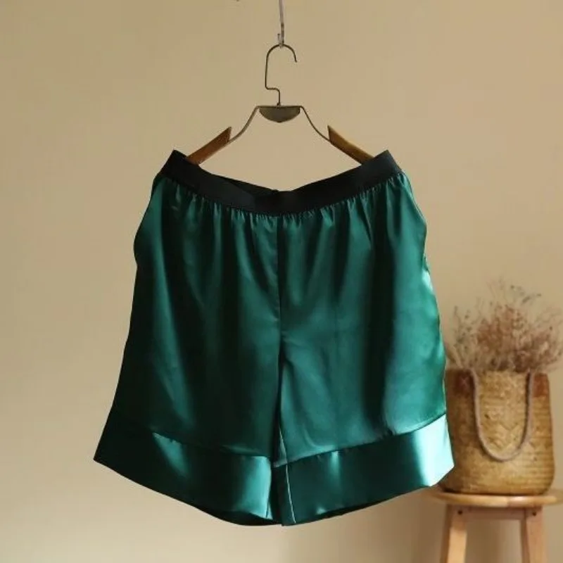 

Women Solid Acetate Satin Elastic Waist Loose Wide Leg Casual High Waist Knee Length Shorts