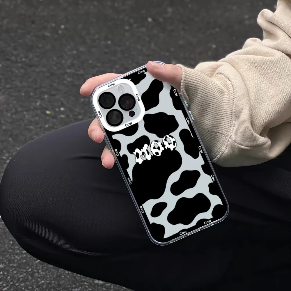 Aesthetic Cow Milk Print Phone Case For iPhone 11 12 Mini 13 14 Pro Max Transparent Shell