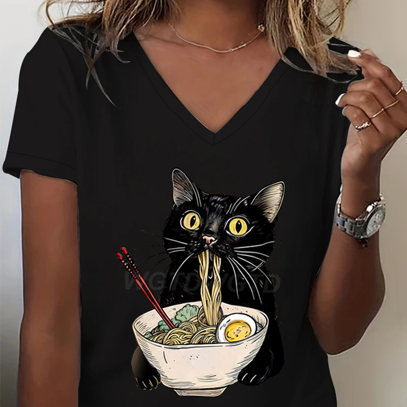 Kawaii Cat Eating Noodle Printed T-shirt Women Ramen Lovers V-neck Casual Tops Japanese Food Cute Cat Lovers Women's Clothing