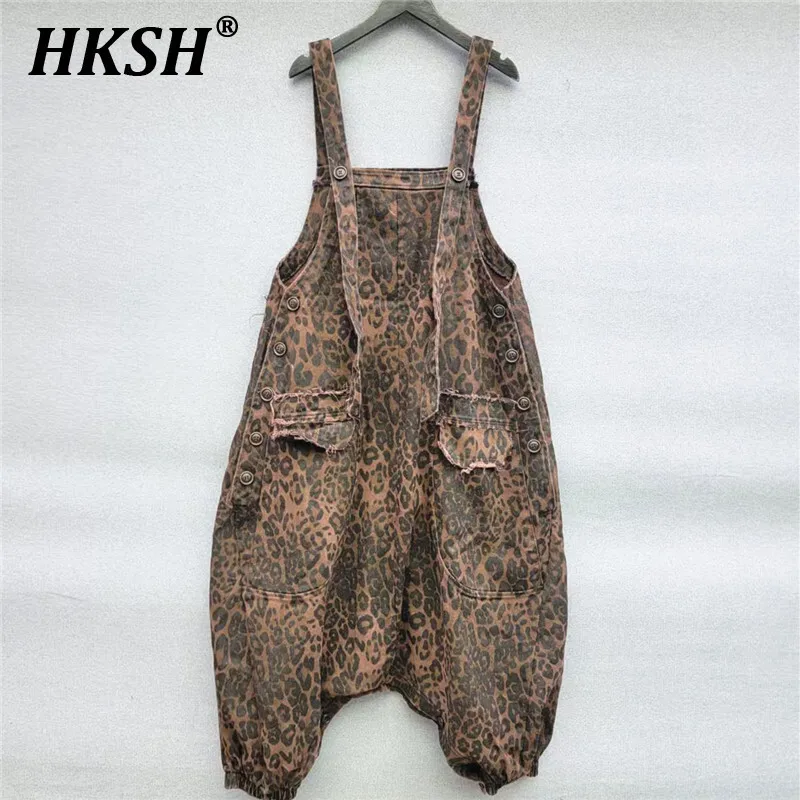 

HKSH Trendy Stylish Leopard Printed Denim Pants Fashion Chic Y2K Vintage Overalls Women Tide 2025 Spring New Loose Pocket HK3962