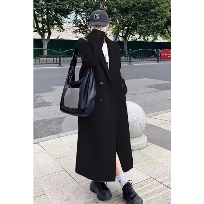 Winter High-Grade Women Gray Thickened Warm Woolen Coat Female Long Below The Knee Hepburn Style Casual All-Match Outerwear