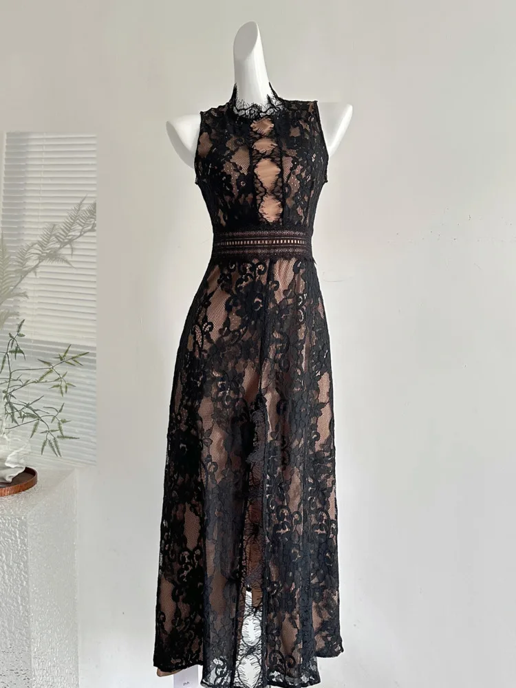 Sexy Sleeveless Lace Hollow Out Long Dress Women Black O Neck Cut Out Split Slim Backless Dresses Evening Party Cocktail Gowns
