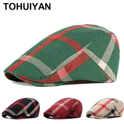 2026 New Men Berets British Plaid Cotton Flat Caps Stylish Duckbill Visor Newsboy Hats Outdoor Adjustable Driver Hat for Women