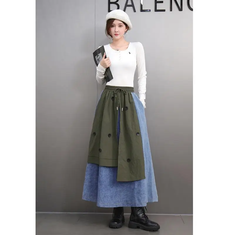 Vefadisa 2025 Spring Autumn New Black Denim Patchwork Women Skirts Casual Fashion Irregular All-match A-line Skirts ZXY1305A