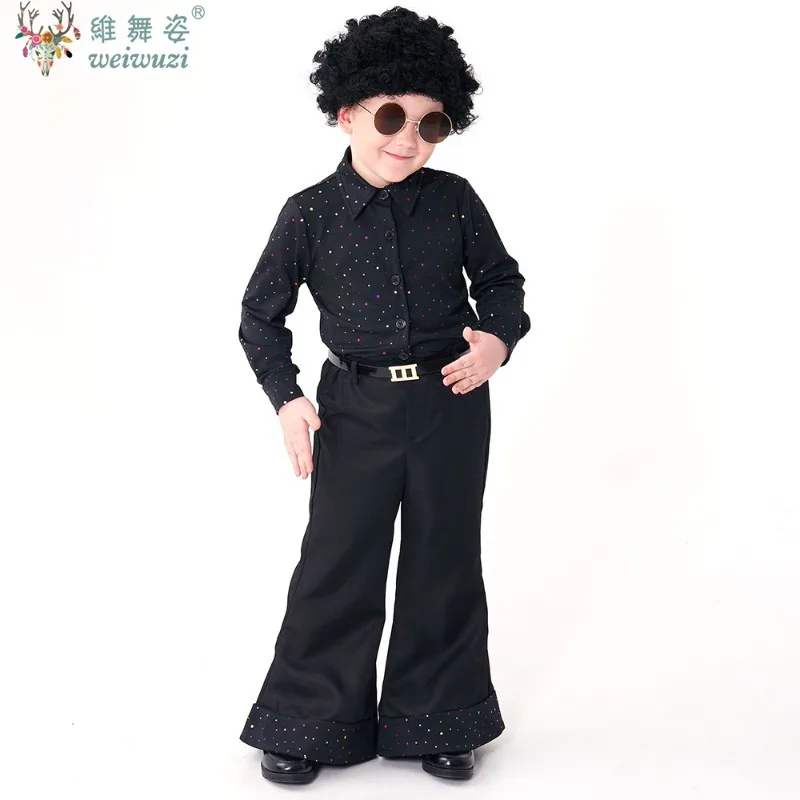 어린이 레트로 70s 디스코 의상 할로윈 카니발 어린이 스팽글 가수 댄서 코스프레 옷 소년 가발 셔츠 바지 의상