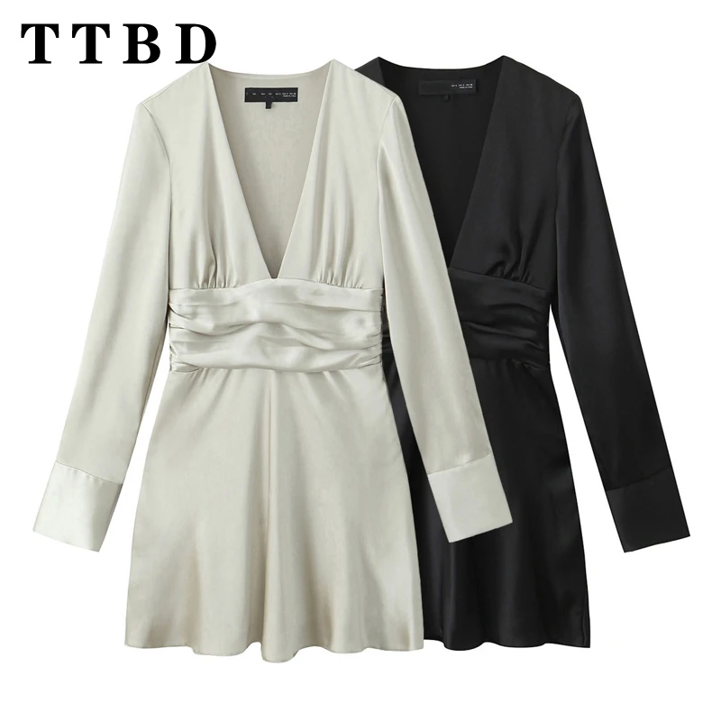 Ttbd 2024 Nieuwe Zomer Dames Pyjama Stijl Jurken V-Hals Lange Mouw Sexy Losse Pasvorm Mini Robe Casual Vrouw Top