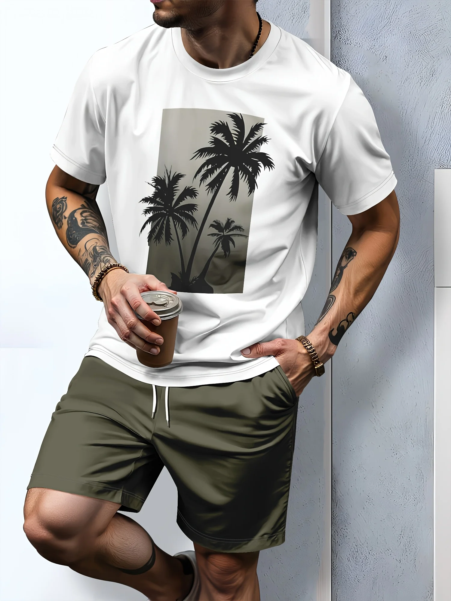 

Men Summer Short-Sleeve Set Coconut Tree Print Crew Neck T-Shirt Set Streetwear Outdoor Breathable T-Shirt Drawstring Shorts Set