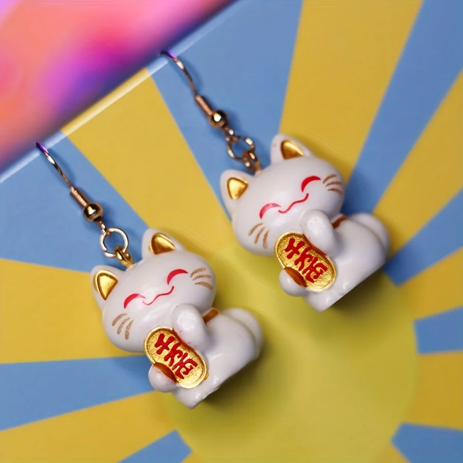 Pendientes de gancho de gato de la suerte Kawaii, joyería con dije de resina de la suerte, lindos pendientes Maneki Neko para niñas, regalo para mejor amiga