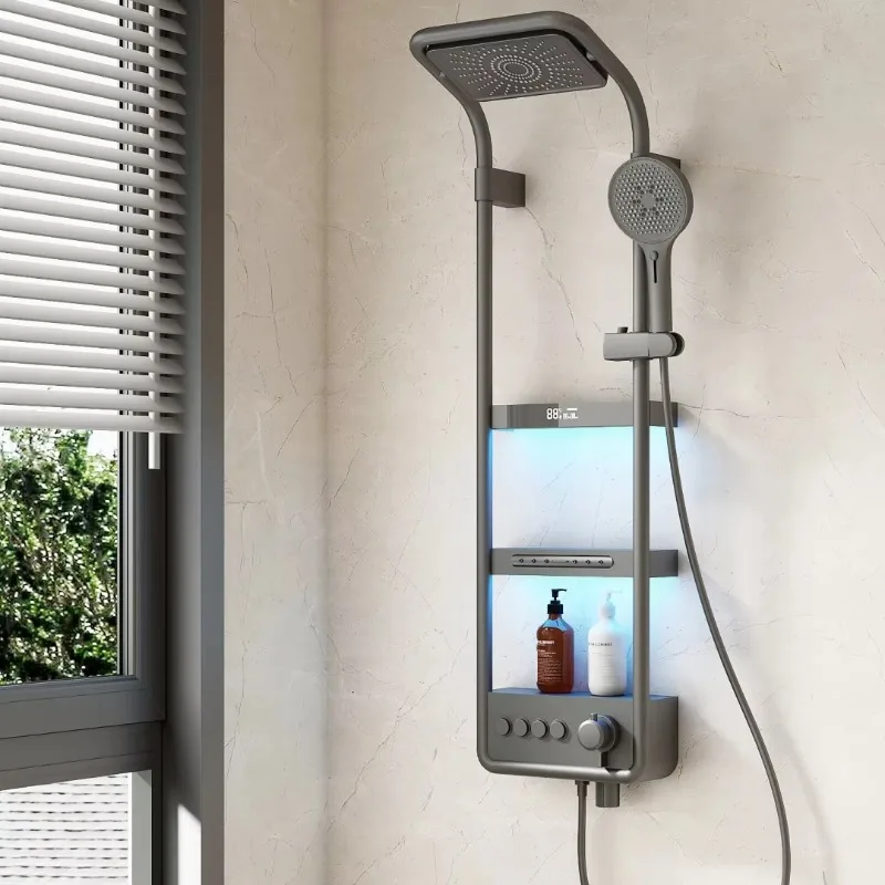 Sistem Shower Termostatik Pintar Dengan Layar Digital LED Kontrol Tombol Piano Mode Hujan dan Pijat Konstruksi Kuningan