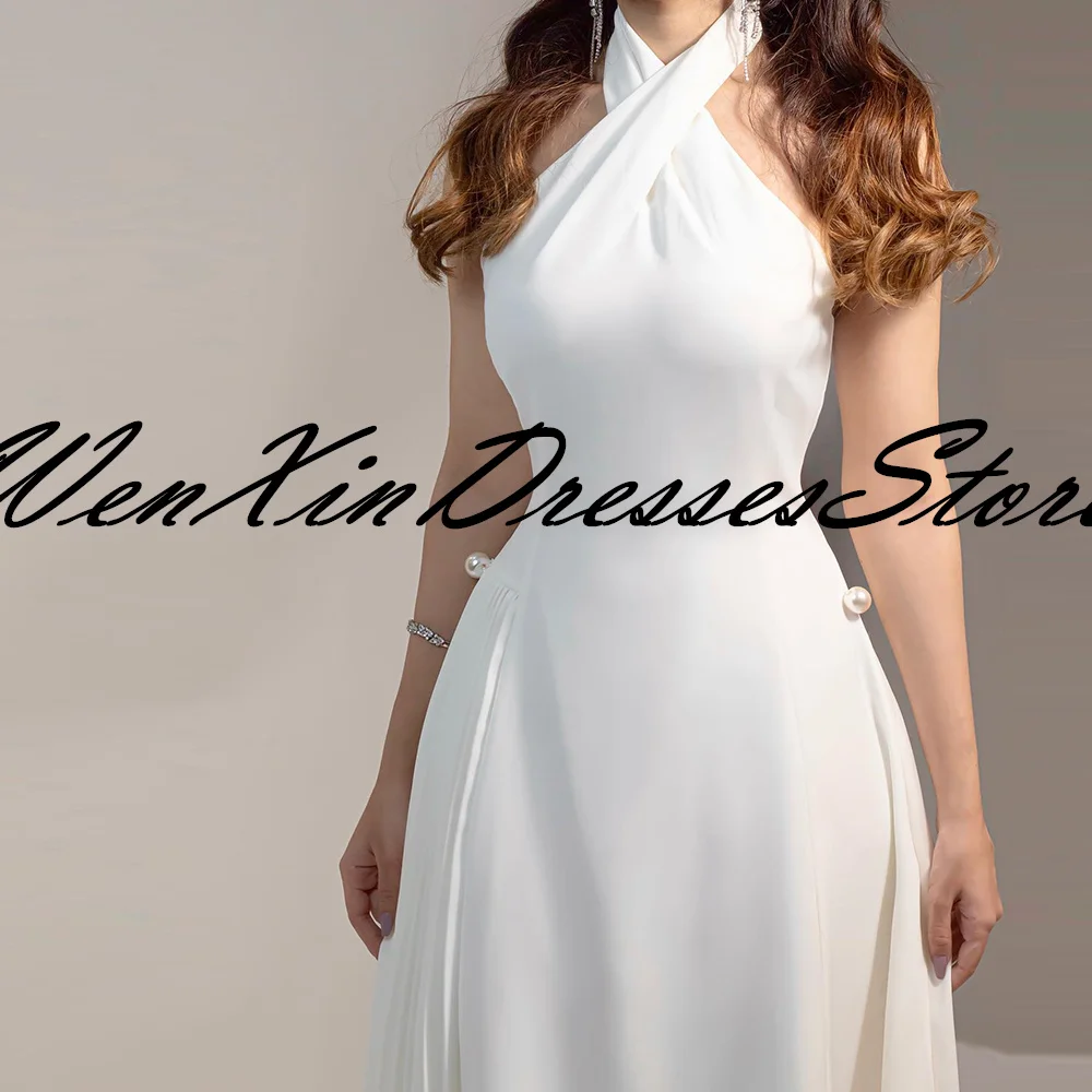 Customized Exquisite Pearls Jersey White Evening Dress Delicate Halter A-Line Sleeveless Ankle Length Special Occasion Gowns