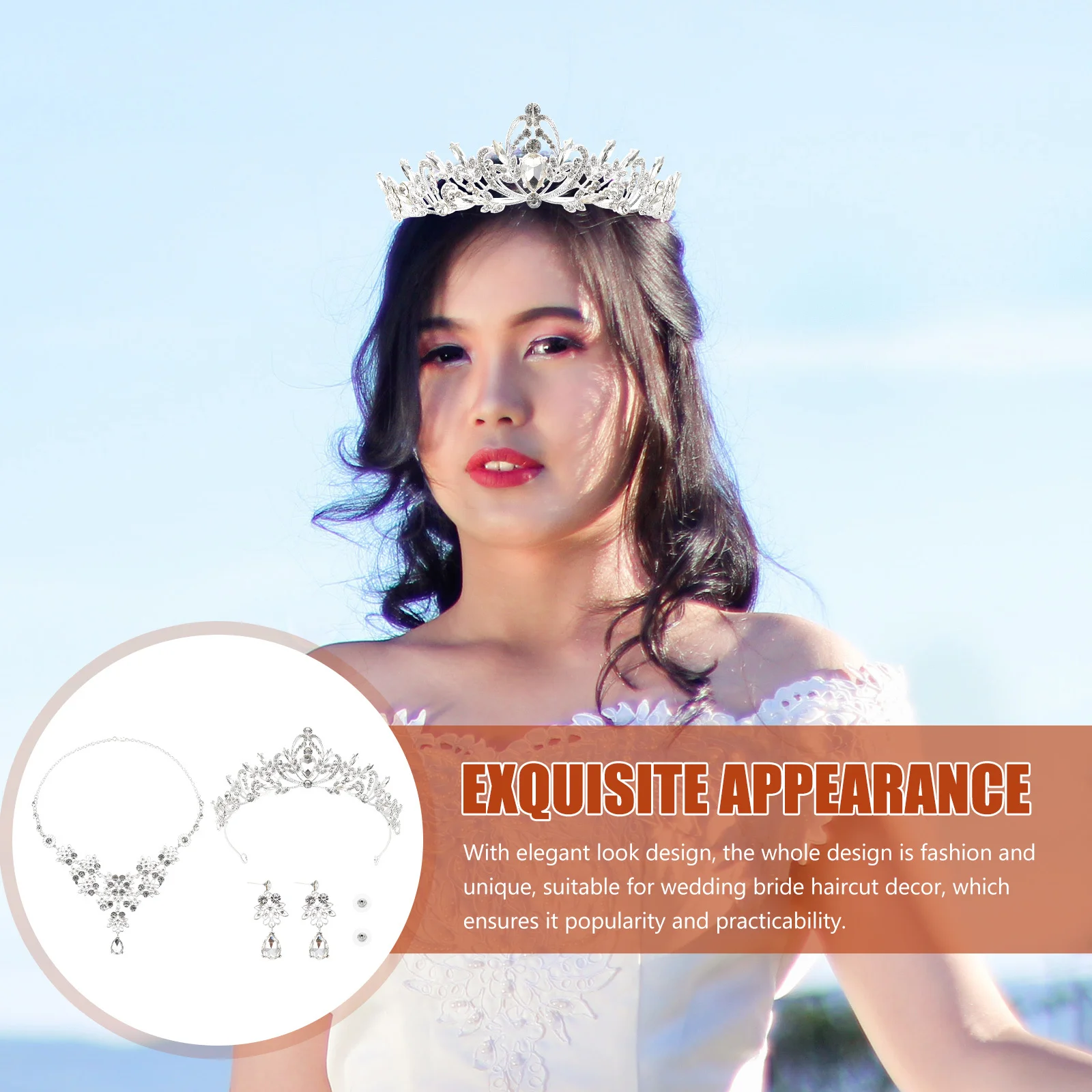 

1 set 1 Set Crown Necklace Earrings Kit Chic Alloy Rhinestone Wedding Jewelry Set Female Hair Accessory Tiara Prom Decor