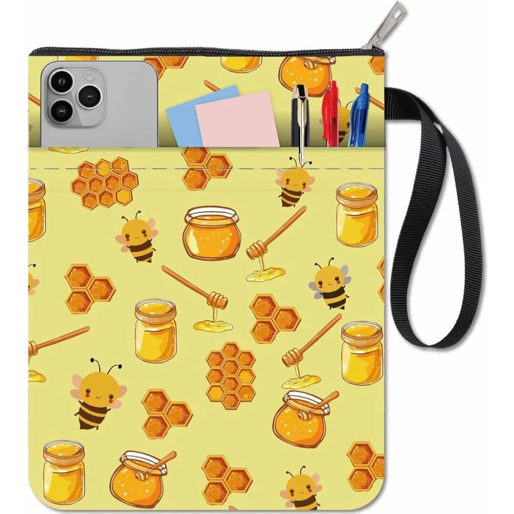 Bee Book Sleeve Yellow Book Cover Cloth Washable Animal Bees Honey Books Notebook Paperback Bag Protectors with Zipper and Extra