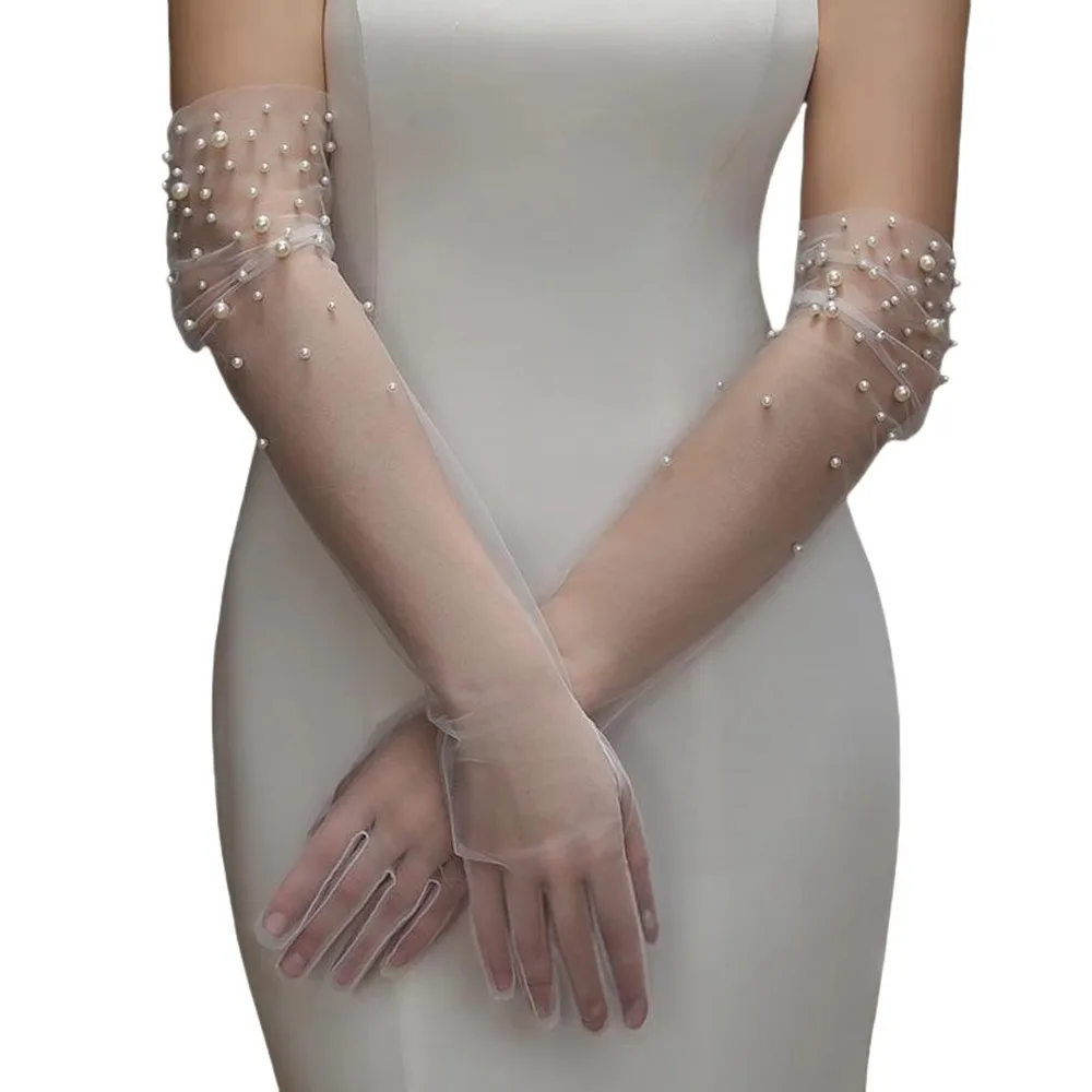 

Vintage Handmade Beading Bridal Gloves Transparent Elbow Length Wedding Mittens Slimming Thin Lace Tulle Gloves Wedding Ceremony