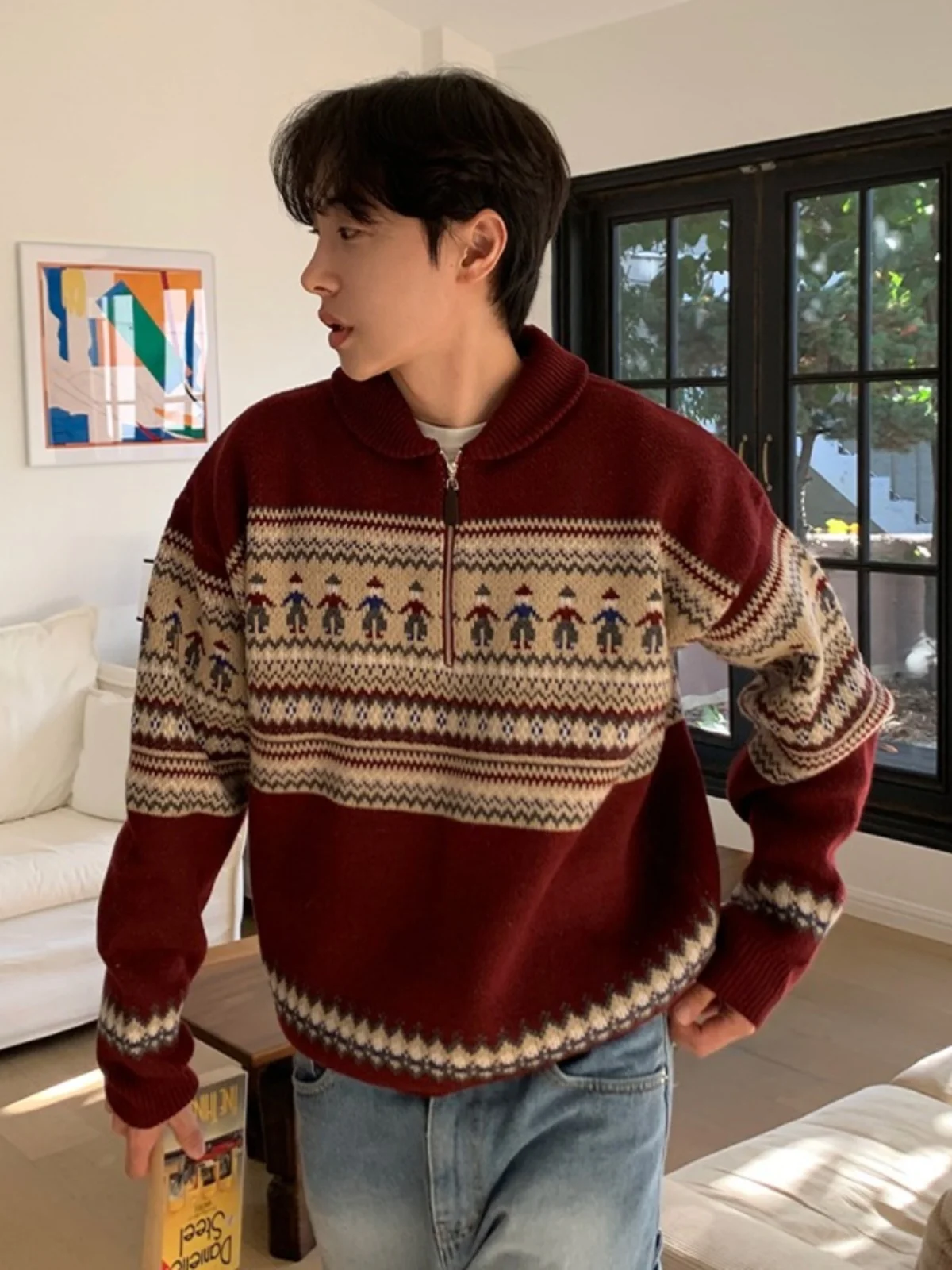 Winter Japan fashion Retro Stripe Half Zipper Lapel Sweater Couple Loose Thick Warm Red Christmas Knit