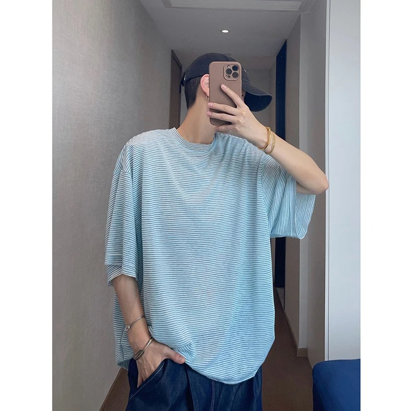 Men Mint Green Fine Striped Loose T-shirt Summer Thin Breathable Crew Neck Plus Size Casual Drop Shoulder Short Sleeve Tee