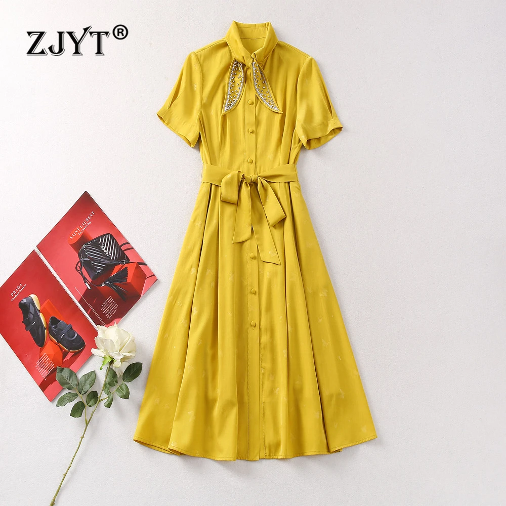 

ZJYT Summer Fashion Short Sleeve Shirt Dresses for Women 2024 Designer New Beading Collar Yellow Casual Dress Elegant Vestidos