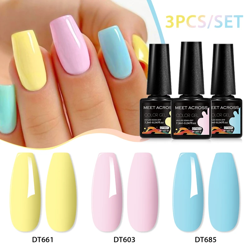 MEET ACROSS 3Pcs/Set Macaron Color Gel Nail Polish Spring Nail Art Gel Vernis Semi Permanent UV Gel Soak Off Base Top Coat Kit