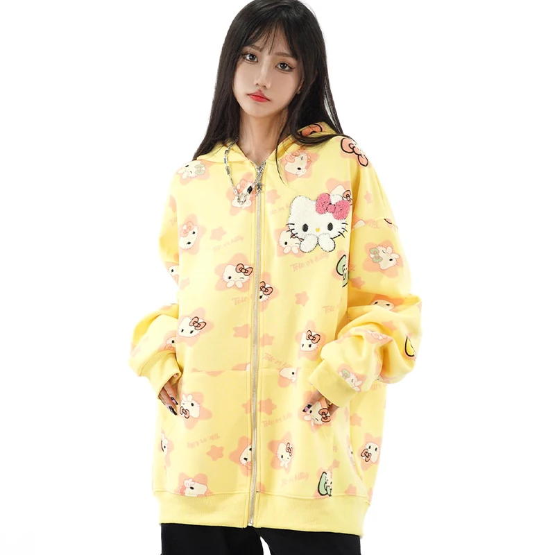 Y2K Hello Kitty Kawaii Meisjes Hoodie Sweatshirt Rits Vest Sanrio Anime Lente Winter Borduren Jas Vrouwen Tops Los