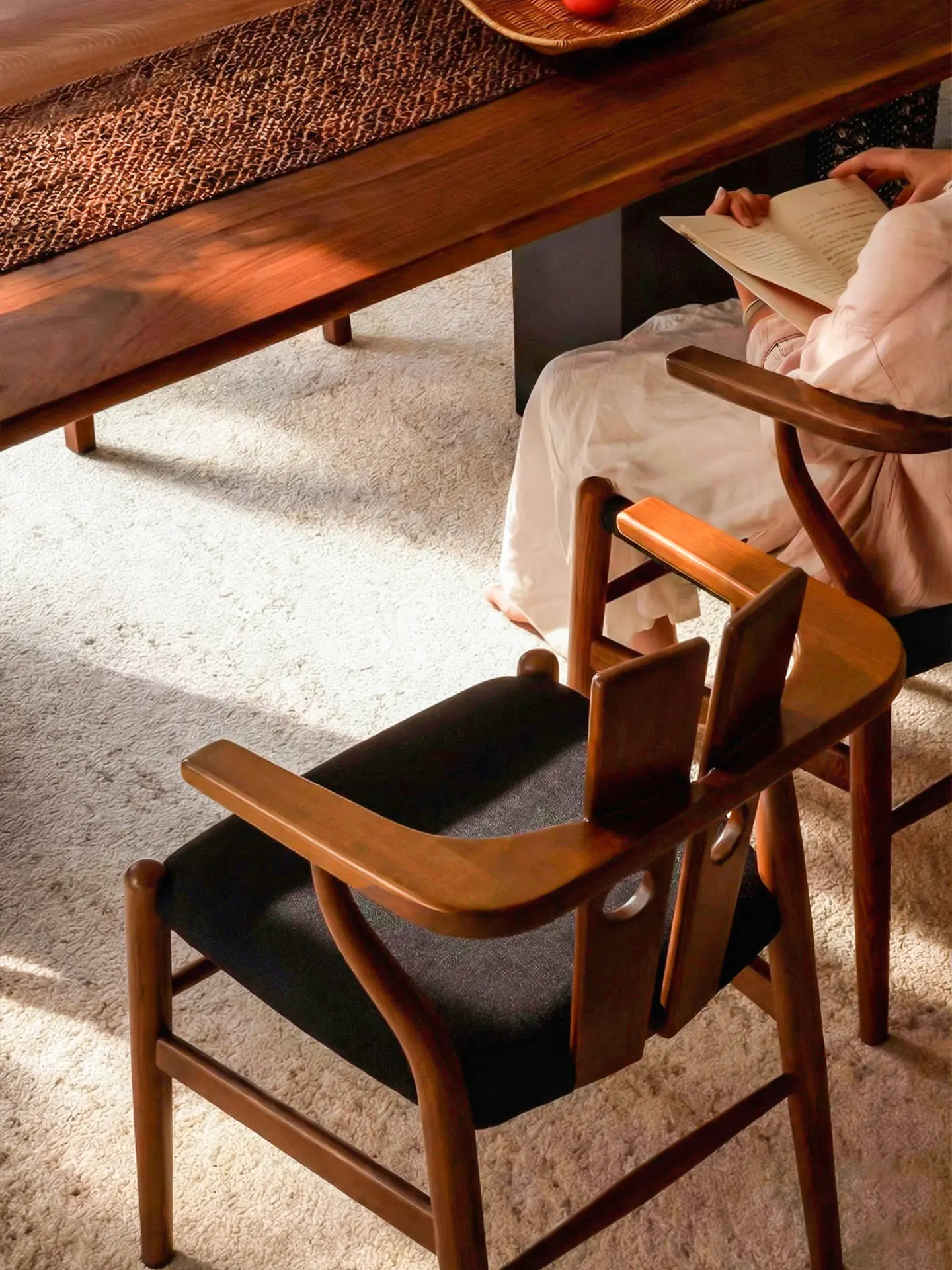 New Chinese style solid wood dining table master chair household retro walnut book tea room light luxury backrest casual