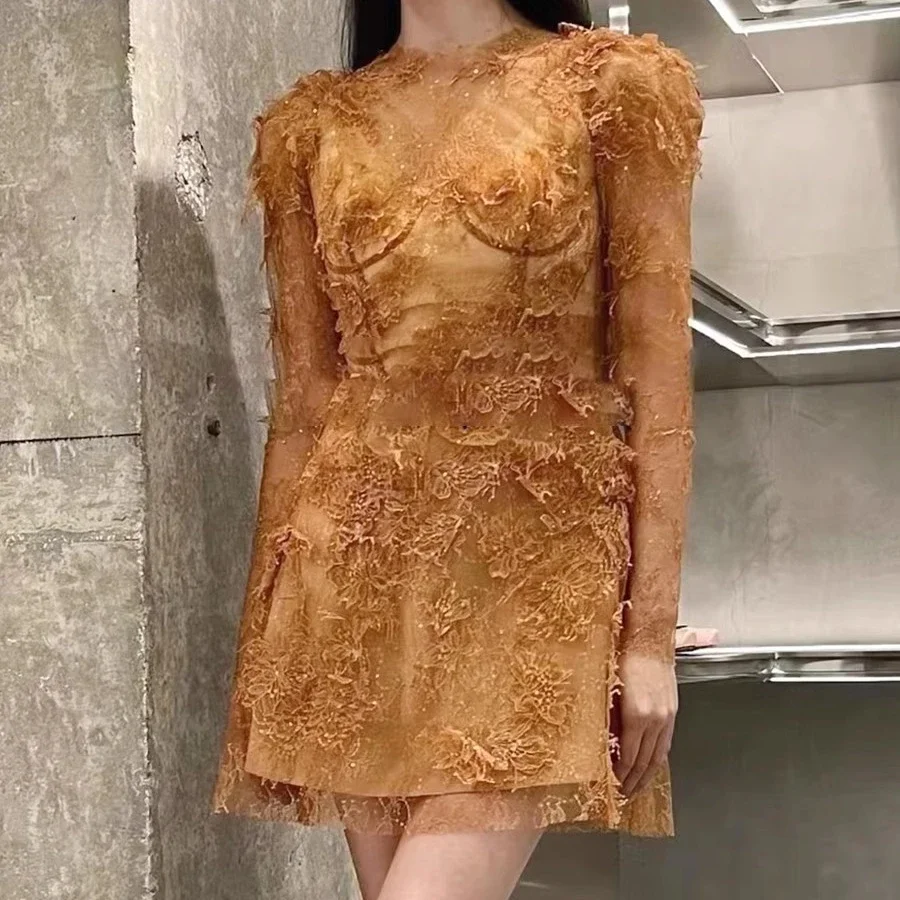 Blue Lace Elegant Dress Women Long-sleeve O-neck Evening Party Bodycon Dress Female High Waisted Runway Design Clothing