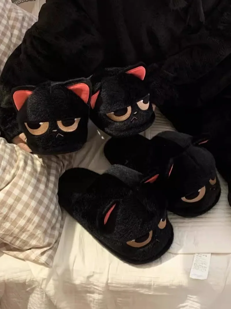 

Funny Plush Home Slippers For Men And Women 2024 Winter Indoor Household Slippers Anti Slip And Lively Little Black Cats Couple