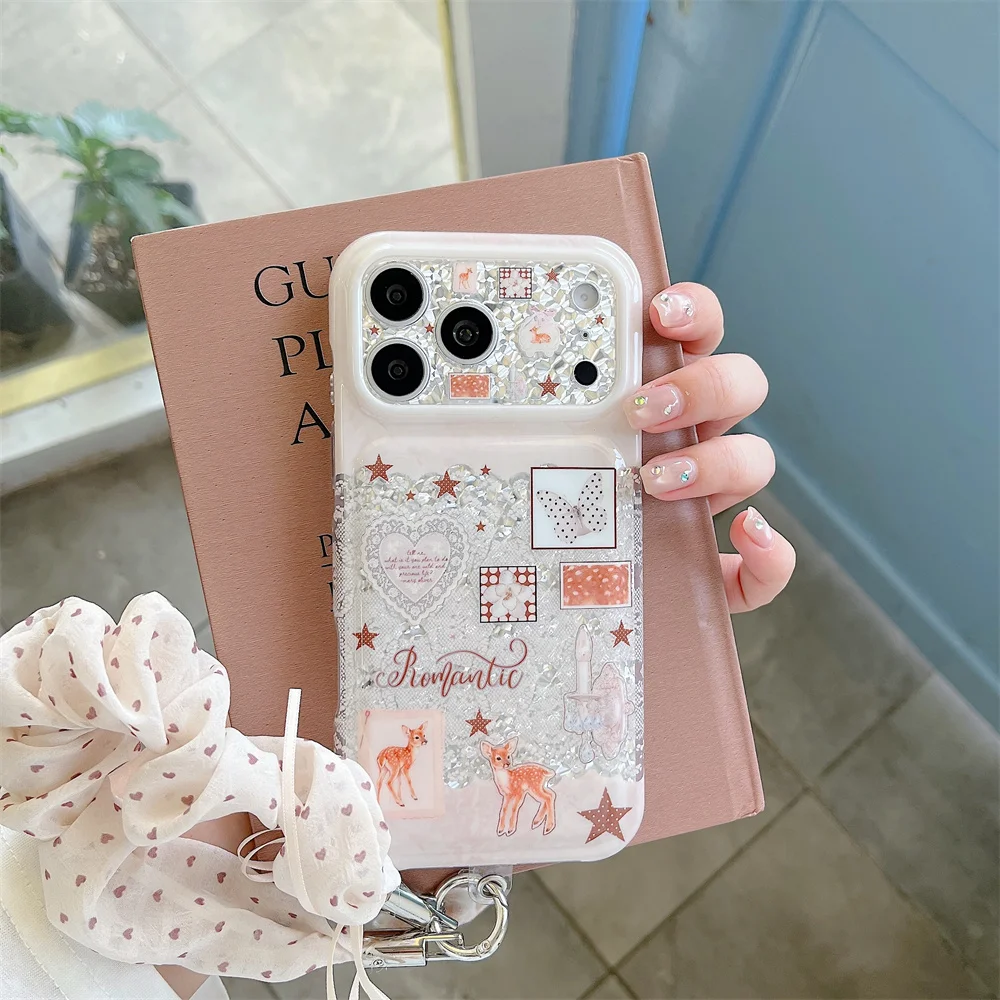Korea Fashion Ins pink Little deer Phone Case For iPhone 18 Pro 17 16 15Pro Max Cover Shockproof Cute Cases 18Promax with Chain