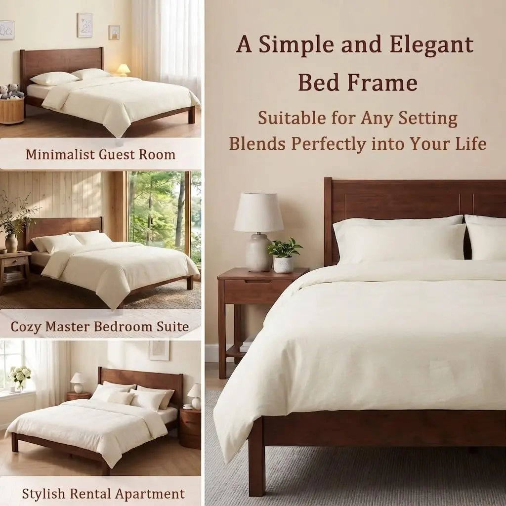 Bamboo Platform Bed King with Headboard Wood Slat Support No Box Spring Needed, Customized