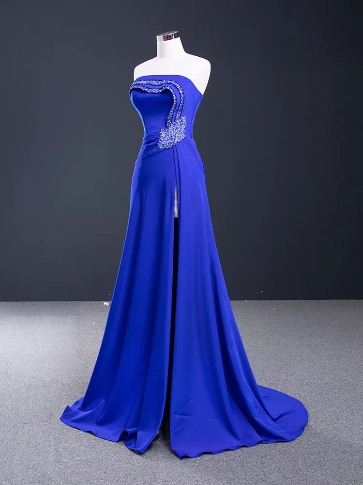 

Evening dress Pearl, royal blue strapless dress with a large slot