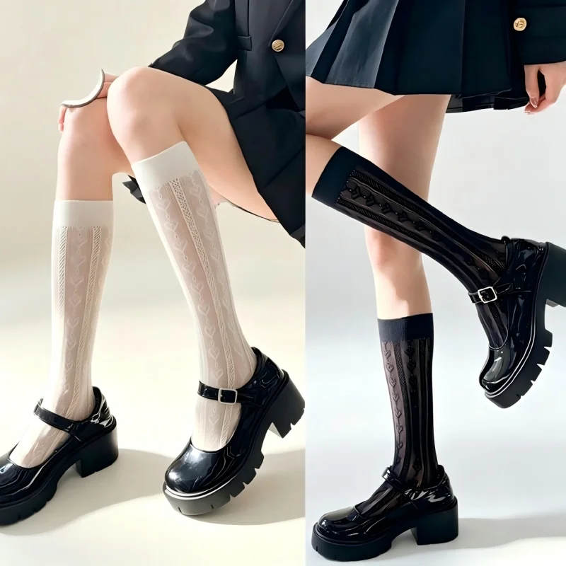 1/2 Pcs Hollow Out Heart-shaped Jacquard White Calf Socks Ins Trendy Long Socks Student Lace Socks Thin Mid Tube Socks