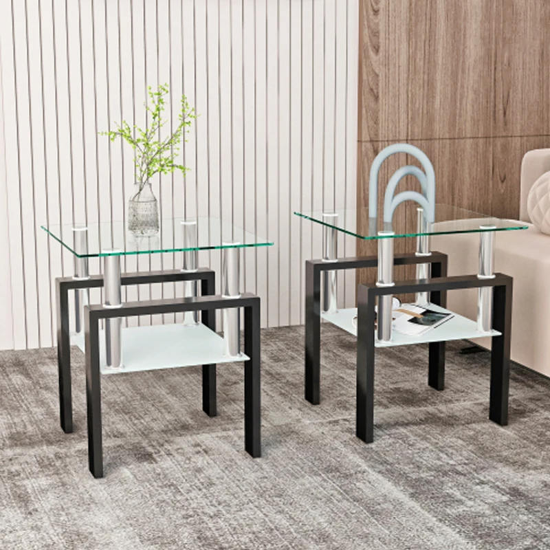 Set of 2, Modern Tempered Glass Tea Table Coffee Table End Table, Square Table for Living Room, Transparent/Black