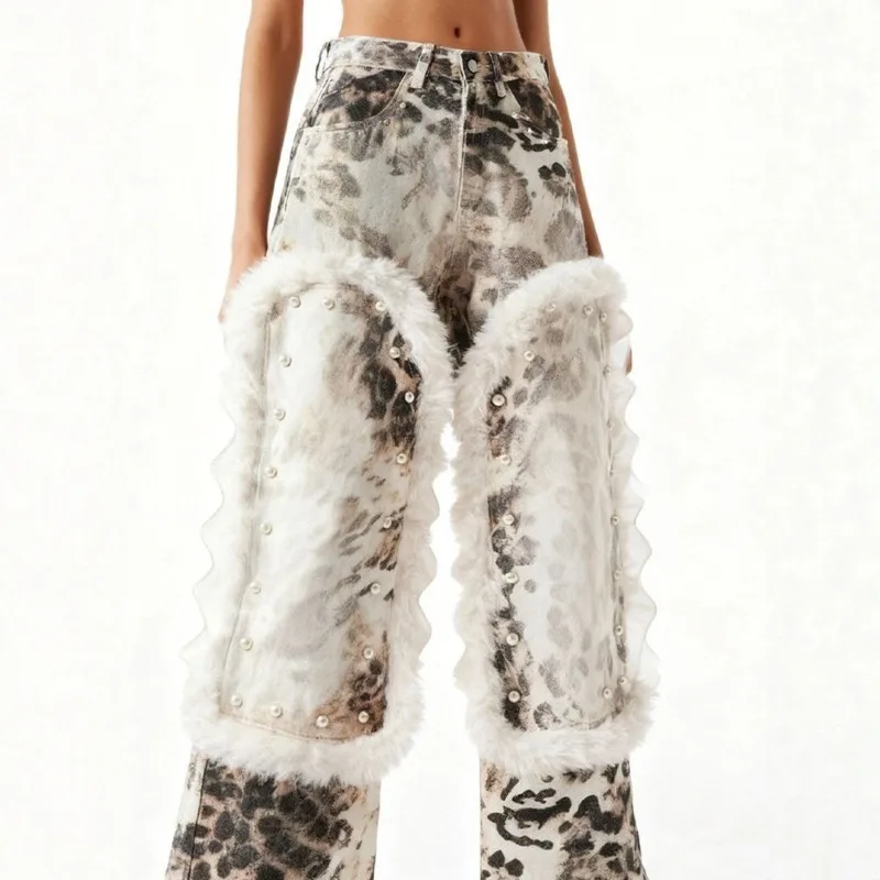 ANJY Spring Autumn Winter Women American Style Trendy Leopard Digital Print Jeans Design Niche Wool Patchwork Denim Pants A28033