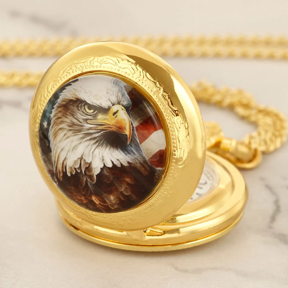 Vintage Golden Eagle Design Quartz Pocket Watch Women Men Necklace Unique Pendant Clock Watch Gift Accessories