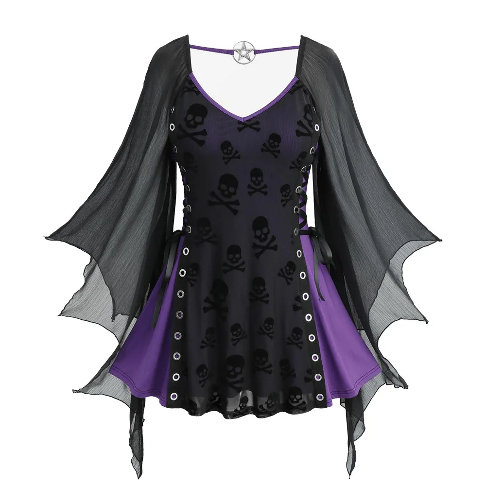 

ROSEGAL, большие размеры, флокированные черепа, на шнуровке, топ с расклешенными рукавами, женская готическая футболка с длинными рукавами, осень 2023, новые блузки