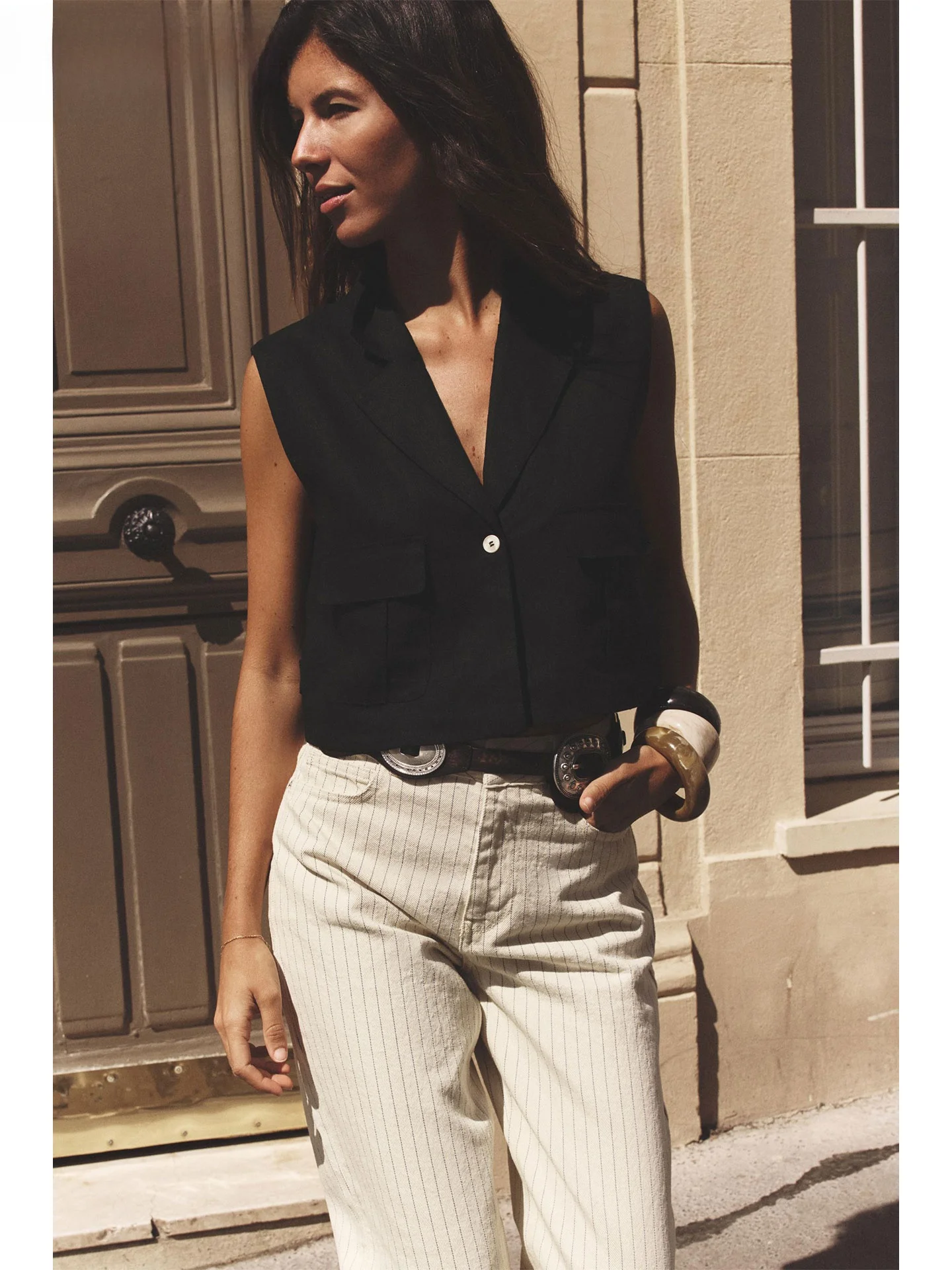 

ZAPRHA 2025 Autumn New Linen Blend irt V-ne Svel Vest Top Flip ape Versatile Single Button Pure Color Ladies Jaet