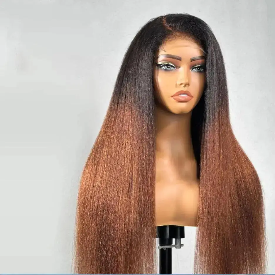

Натуральный Ombre Коричневый 180% Плотность 26 дюймов Яки Кудрявый Прямой Синтетический Парик Фронта Шнурка Для Женщин С Детскими Волосами Предварительно Сорванные Бесклеевые