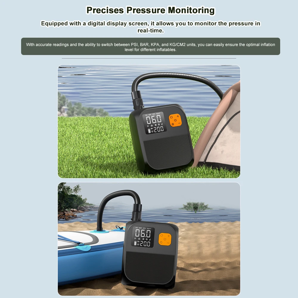 Portable Paddle Board Pump 25PSI High Pressure Electric Air Compressor Pump Power Bank with 6 Nozzles and LED Light