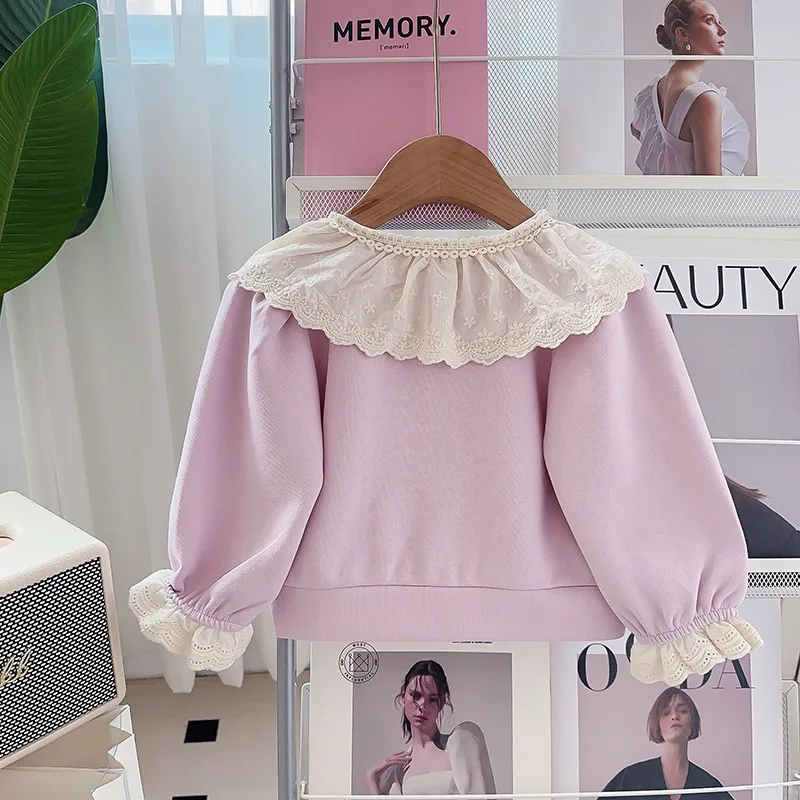 Childrens Sets New Children Korean Two Pieces Spring Girl Causal Time Easy Sweater Motion Flower Edge 2024 Solid Simple