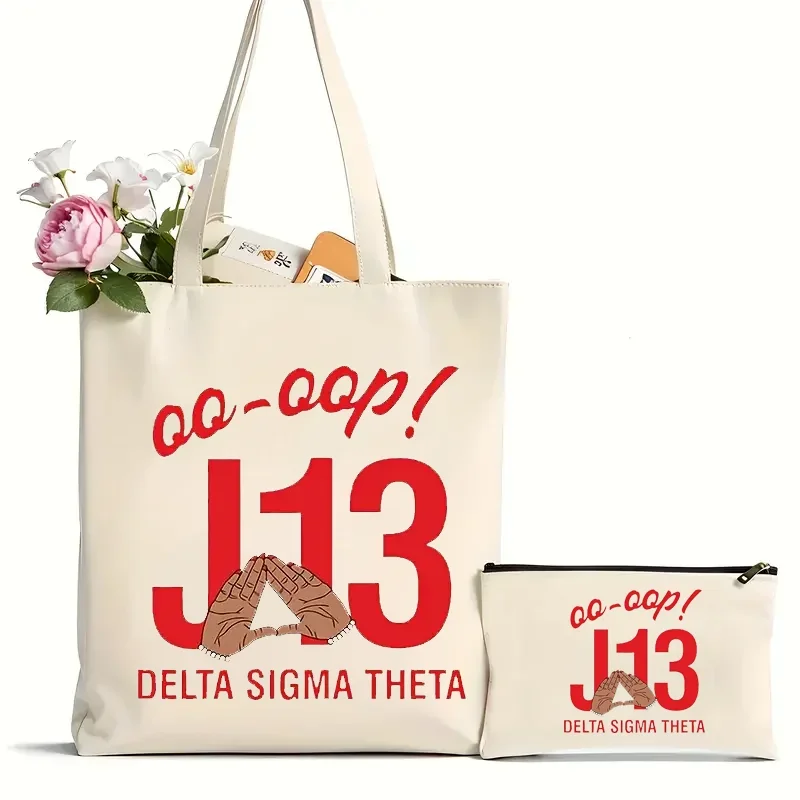 2Pcs Delta Sigma Theta Sorority January 13 Founders Day Pattern Tote Bag Canvas Shoulder Bag For Travel Daily Commuting Women