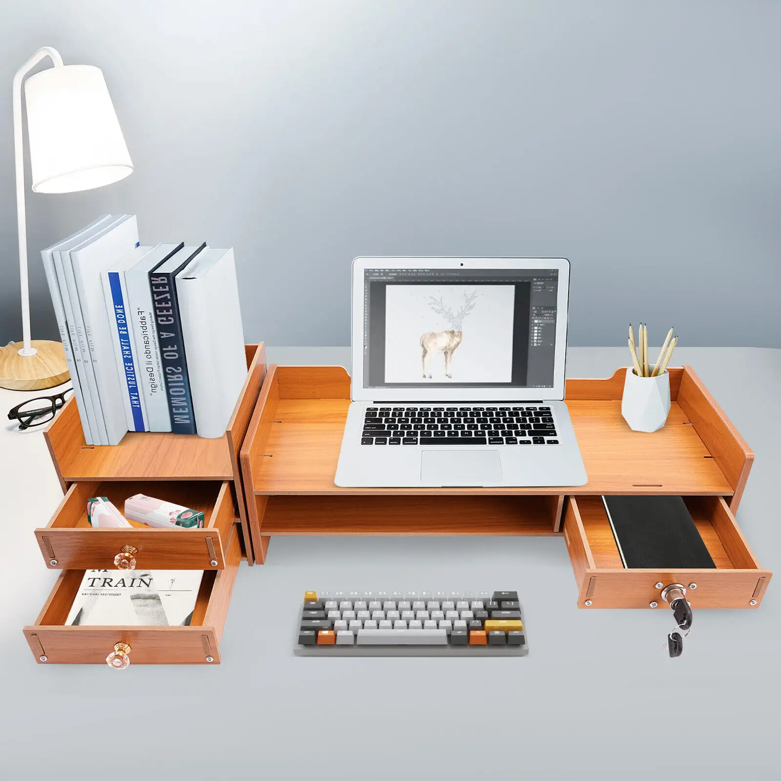 Wooden Desk Organizer with Drawers Office Supplies Computer Desktop Tabletop