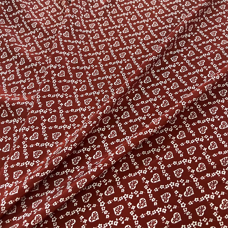 

1 meter 100% Mulberry Silk 17 momme Crepe Silk Fabric Dark Red Heart Printed 140cm 55" wide by the yard XX428
