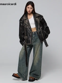 Mauroicardi Spring Cool Handsome Vintage Distressed Black Pu Leather Biker Jacket Men Belt Zipper Loose Unisex Clothes 2024 3 Mauroicardi Spring Cool Handsome Vintage Distressed Black Pu Leather Biker Jacket Men Belt Zipper Loose Unisex Clothes 2024 3