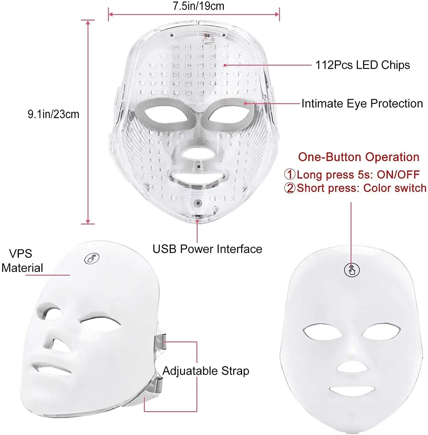 LED Face Mask Therapy Photocall, Máscara Recarregável USB, Anti-Luz, 7 Casais, Acessórios de Beleza