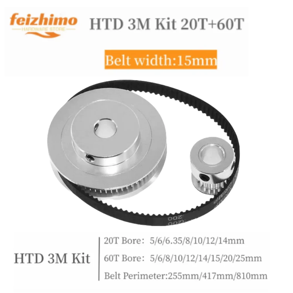 60T 20T HTD 3M Pulley Set For 3:1 20Teeth 60Teeth Belt Width 15mm Belt Pulleys 3M Synchronous Wheels Kit HTD3M Timing Pulley Set