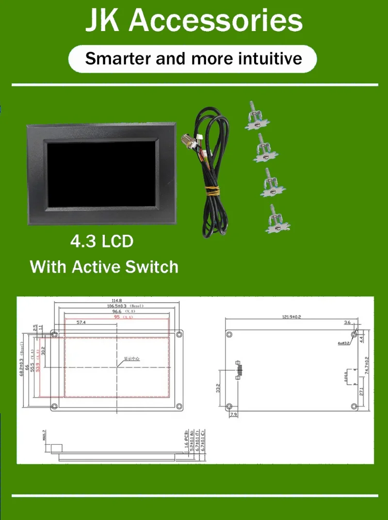 JIKONG LCD Smart BMS LCD-Display 3,2/4,3 Zoll Batterie Smart BMS Zubehör Intelligenter Batteriestandsanzeiger mit Kabel – Detail 7