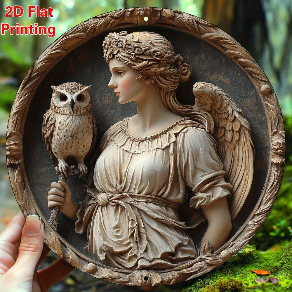 Modern Metal Wall Art Decor 8x8 Inch, Owl & Athena Circular Aluminum Sign for Home Office Garden Gift
