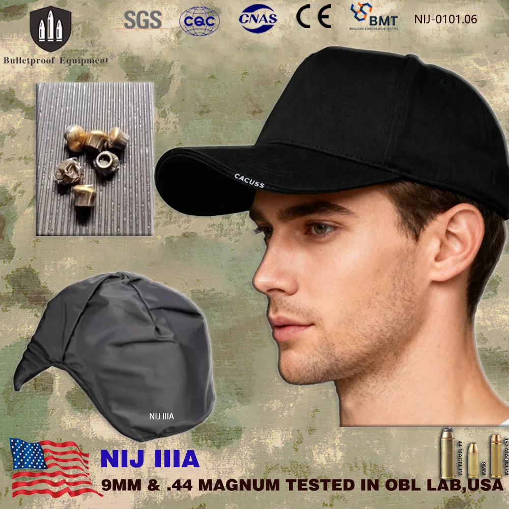 

Real NIJ IIIA 3A Soft UHMWPE 9mm&.44magBulletproof Baseball Cap Hidden Safety Helmet for Outdoor Survival Tactical