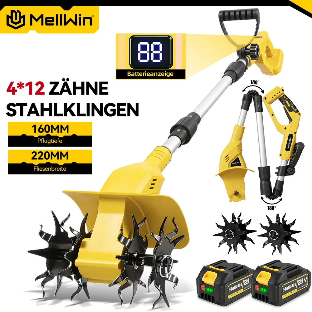 MELLWIN Akku-Gartenfräse, Rasenmäher und Rototiller – Gerät zum Auflockern und Bearbeiten des Gartens, passend für Makita 18-V-Akku